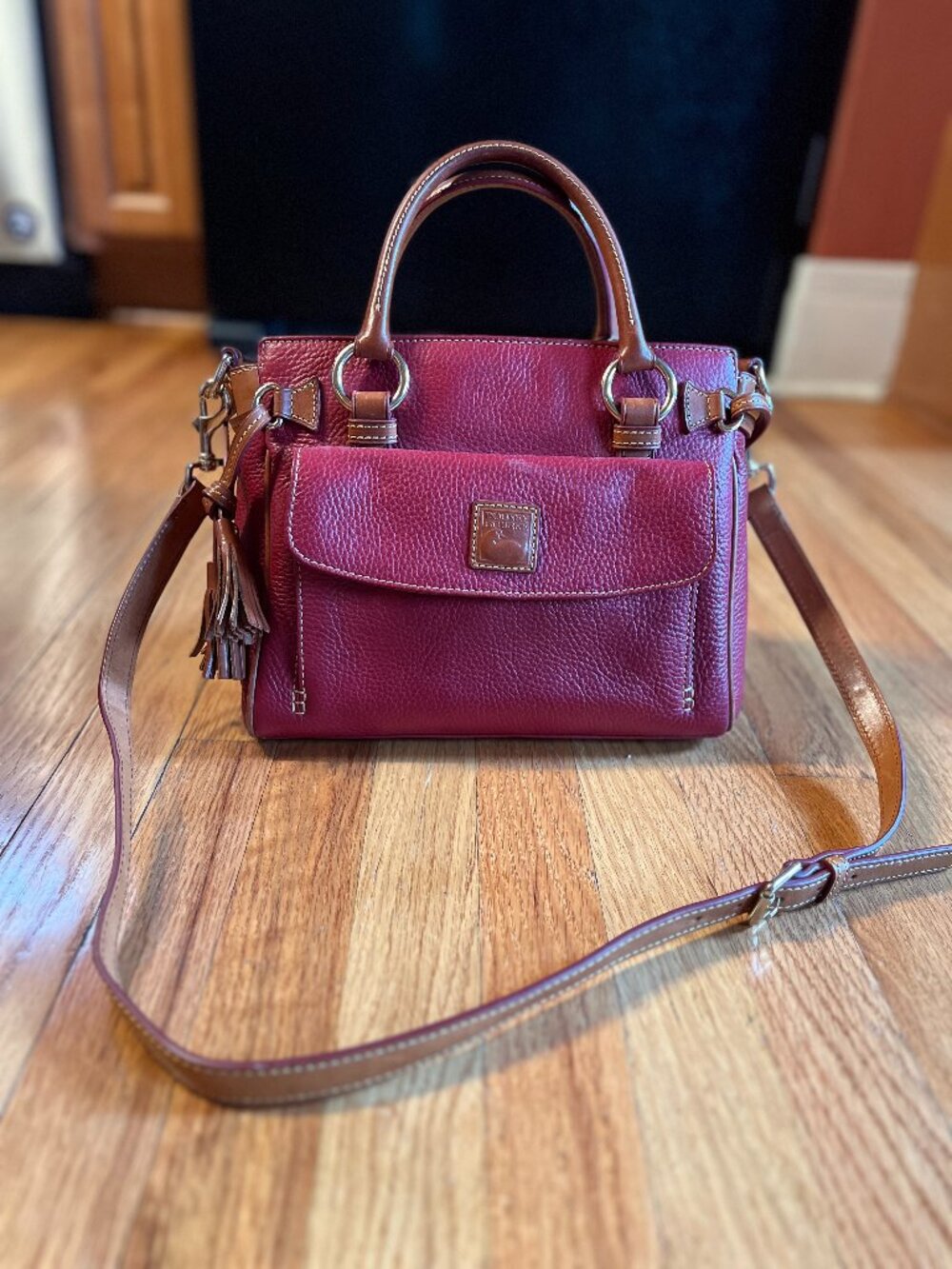 Dooney & Bourke Red Pebbled Leather Satchel Crossbody Tassel Bag